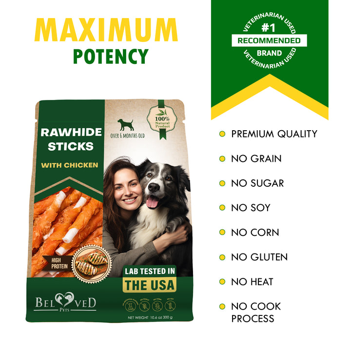 Dog Rawhide Sticks Wrapped with Chicken & Pet Natural Chew Treats - Grain Free Meat & Human Grade Dried Snacks in Bulk - Best Twists for Training Small & Large Dogs (Chicken)