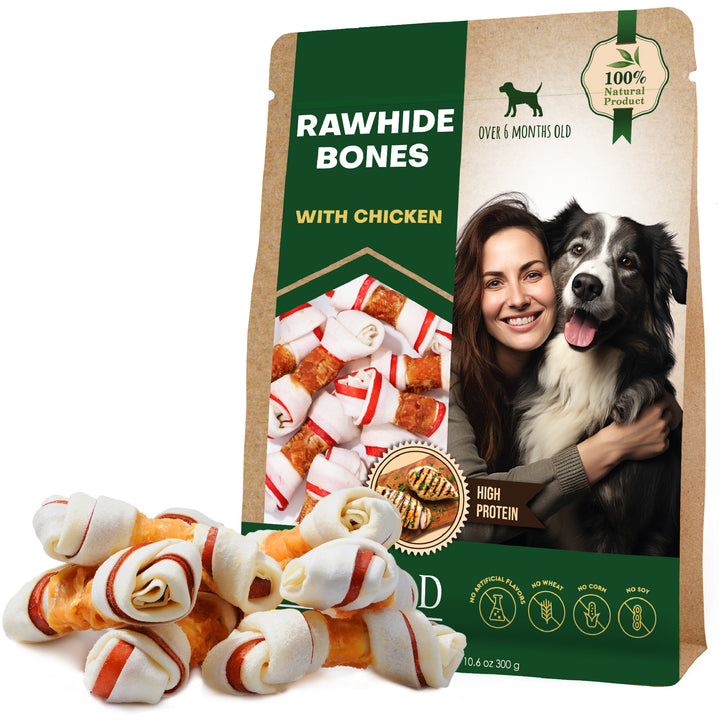 Dog Rawhide Treats Wrapped with Natural Chicken & Dog Chew Bones - Grain Free Meat & Healthy Human Grade Dried Snacks in Bulk - Best Chews for Small & Large Pet (Chicken)