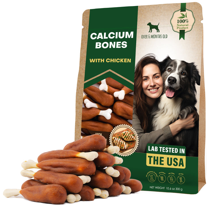 Dog Calcium Bones Wrapped Chicken & Rawhide Free Chew Treats - Pet Healthy Dried Snacks & Grain Free Meat - Bulk Best Chews for Christmas, Training Small & Large Dogs