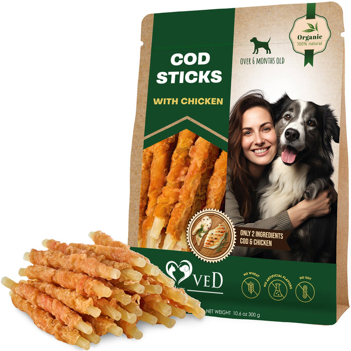 Beloved Pets Cod Sticks Dog Treats Chicken Wrapped - All Natural Rawhide - Free & Grain Free Long Lasting Chews for Large & Small Dogs - Organic Dried Pet Snacks - Support Healthy Teeth & Skin Coat