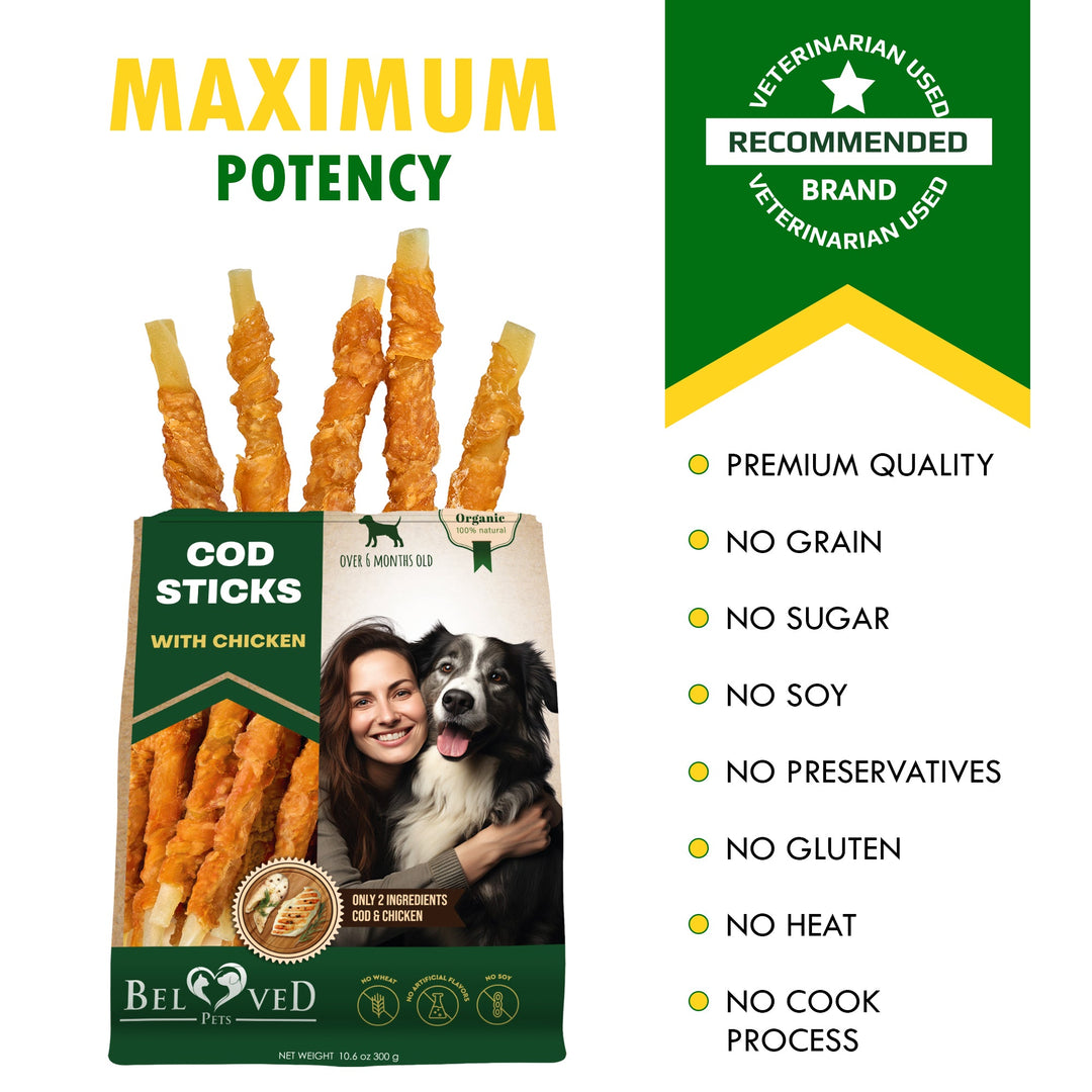 Beloved Pets Cod Sticks Dog Treats Chicken Wrapped - All Natural Rawhide - Free & Grain Free Long Lasting Chews for Large & Small Dogs - Organic Dried Pet Snacks - Support Healthy Teeth & Skin Coat