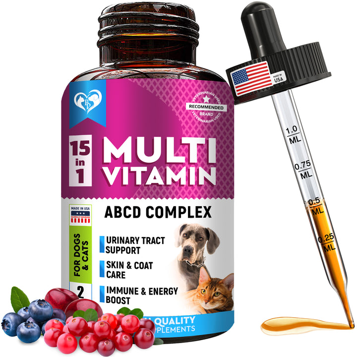 Cat & Dog Multivitamin Liquid with Glucosamine & Cranberry | 15 in 1 Health Supplements for Urinary Tract Kidney, Bladder, Hip & Joint, Skin & Coat | Natural UTI Medicine Made in USA (60 ml)