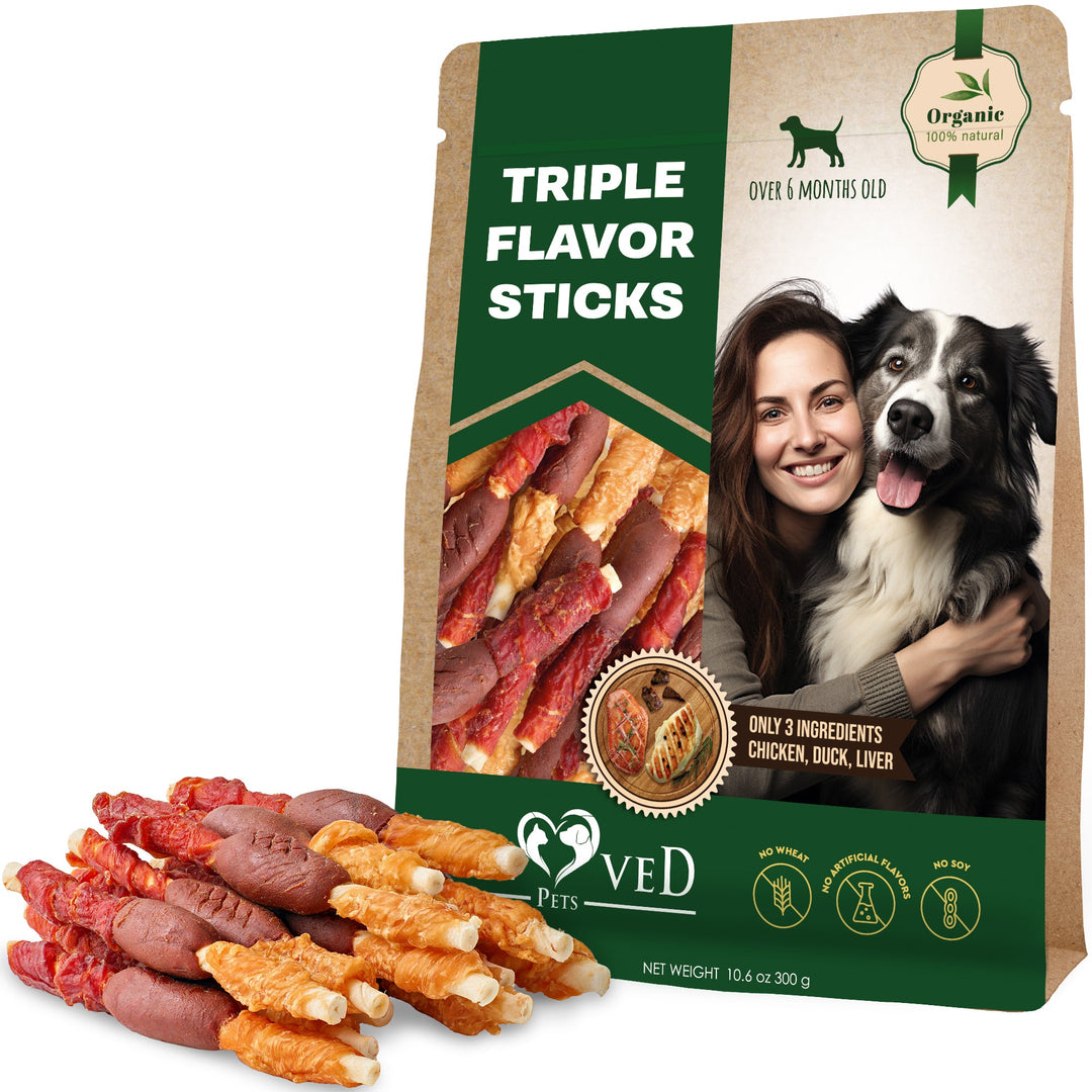 Triple Flavor Dog Rawhide Treats - Duck & Chicken Human Grade Meat - Natural & Organic Pet Dried Snacks - Grain Free Long Lasting Chews for Large & Small Dogs - Best Sticks for Healthy Teeth