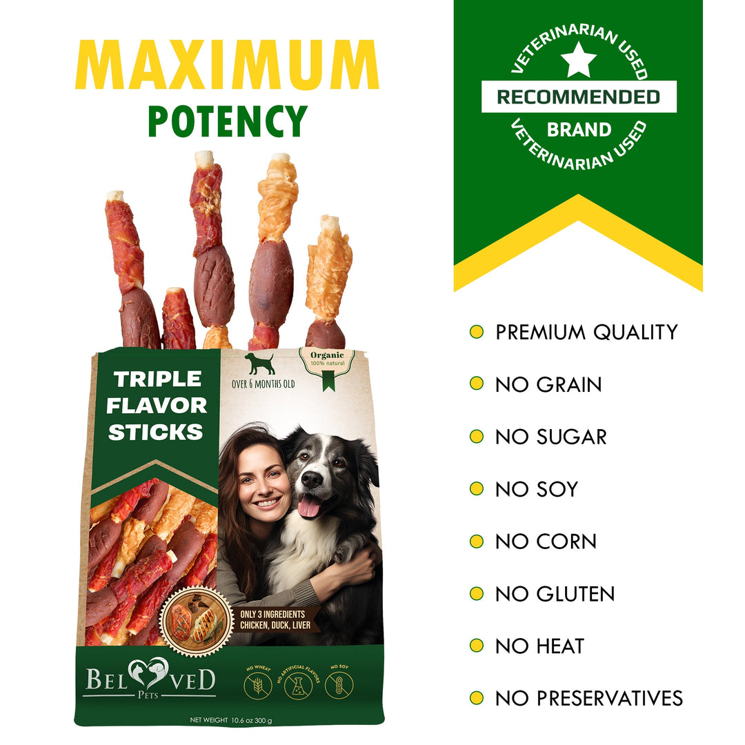 Triple Flavor Dog Rawhide Treats - Duck & Chicken Human Grade Meat - Natural & Organic Pet Dried Snacks - Grain Free Long Lasting Chews for Large & Small Dogs - Best Sticks for Healthy Teeth