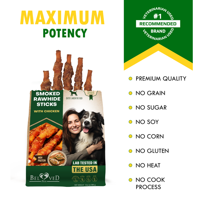 Dog Smoked Rawhide Sticks Wrapped Chicken & Pet Natural Chew Treats - Grain Free Organic Meat & Healthy Human Grade Dried Snacks in Bulk - Best Twists for Training Small & Large Dogs - Made for USA