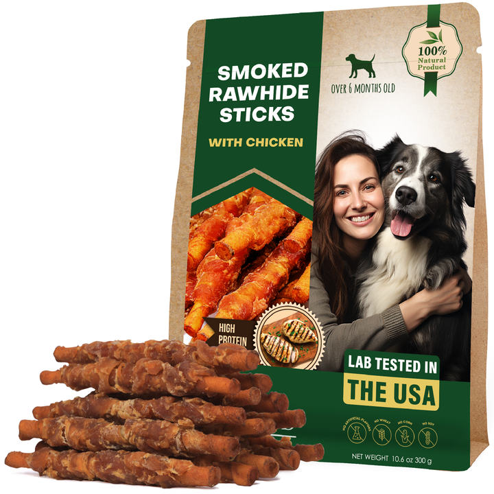 Dog Smoked Rawhide Sticks Wrapped Chicken & Pet Natural Chew Treats - Grain Free Organic Meat & Healthy Human Grade Dried Snacks in Bulk - Best Twists for Training Small & Large Dogs - Made for USA