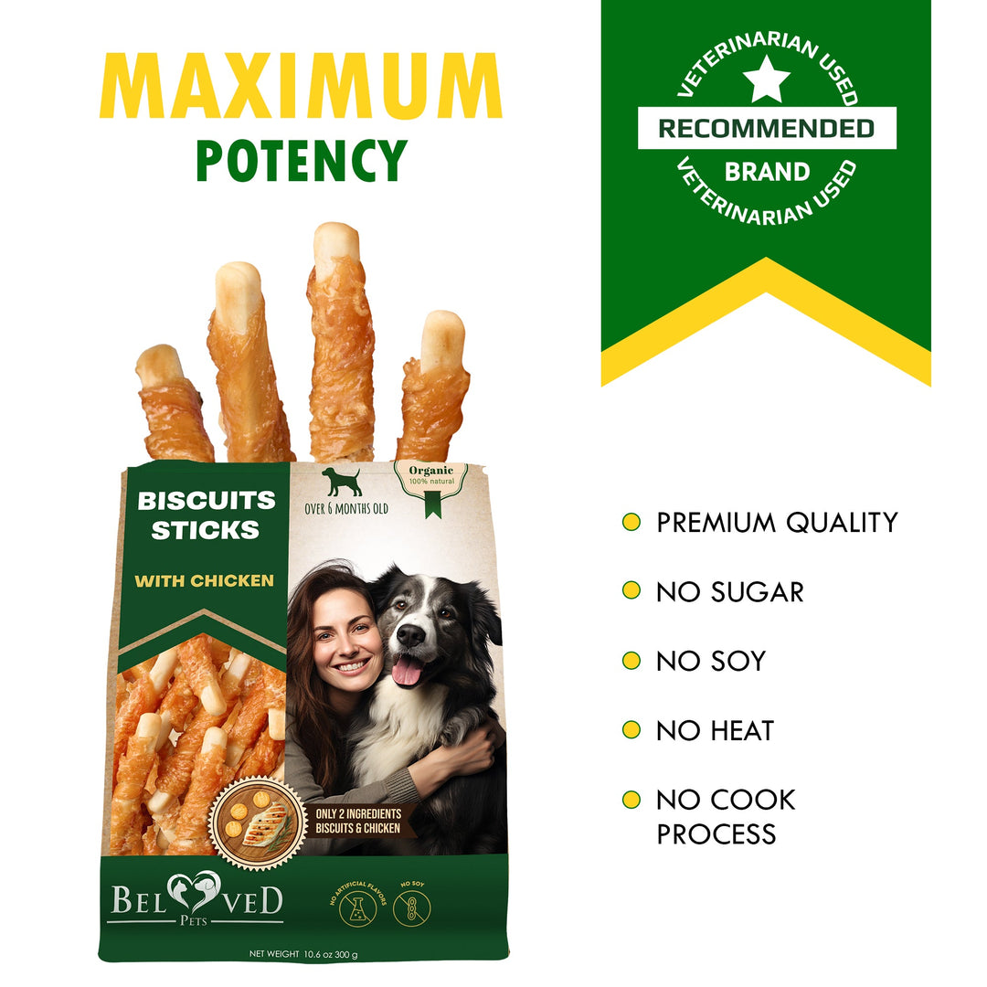 Biscuits Sticks Dog Treats Chicken Wrapped Human Grade Meat - Natural & Organic Dried Snacks Rawhide - Free & Grain Free Long Lasting Chews for Large & Small Dogs - Best for Training & Healthy Teeth