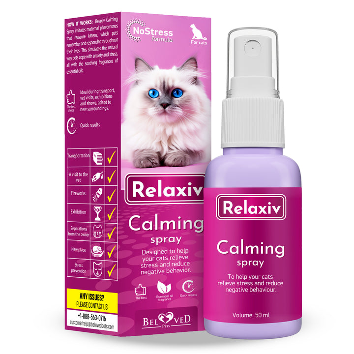 RELAXIV Calming Pheromone Spray & Scratch Repellent for Cats - Reduces Scratching Furniture, Pee - During Travel, Fireworks, Thunder, Vet Zone - Helps to Relief Stress, Fighting, Hiding