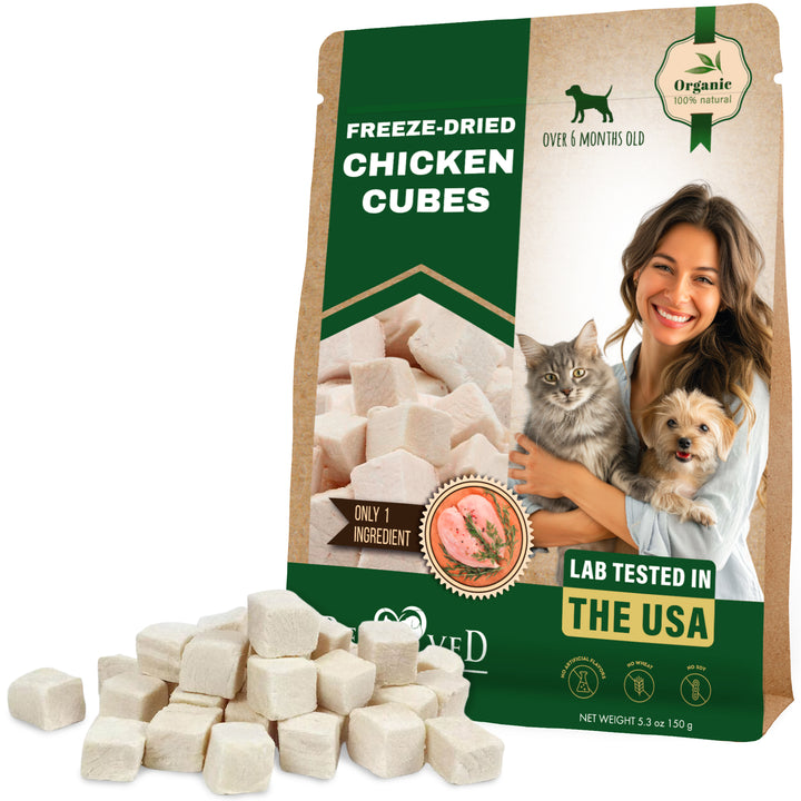 Freeze Dried Chicken Treats for Cats and Small Dogs - All Natural Meat Cubes Raw Pet Food - Human Grade High-Protein Snacks & Grain-Free Jerky Chews