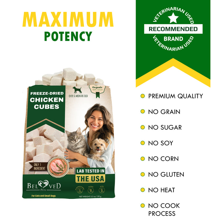 Freeze Dried Chicken Treats for Cats and Small Dogs - All Natural Meat Cubes Raw Pet Food - Human Grade High-Protein Snacks & Grain-Free Jerky Chews