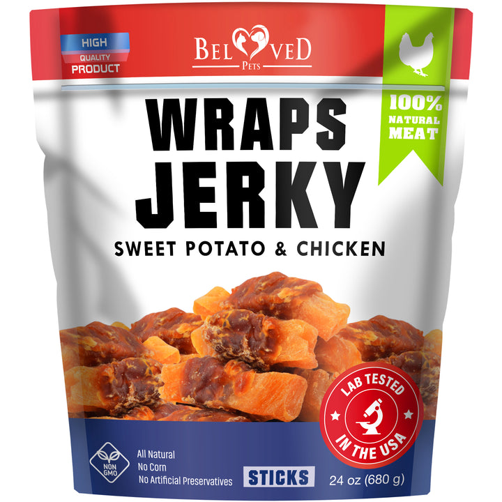 Sweet Potato Jerky Chicken Wraps - Dog Treats Human Grade - Grain Free Meat - All Natural High Protein Dried Strips - Best Chews for Small & Large Dogs - Bulk Soft Pack 24 Oz