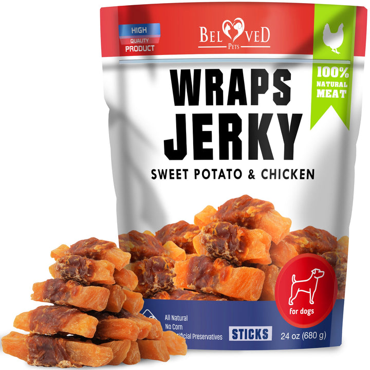 Sweet Potato Jerky Chicken Wraps - Dog Treats Human Grade - Grain Free Organic Meat - All Natural High Protein Dried Strips - Best Chews for Small & Large Dogs - Bulk Soft Pack Made for USA 24 Oz