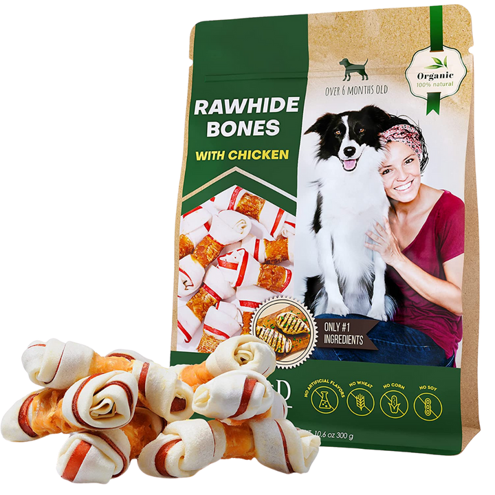 Dog Rawhide Treats Wrapped with Natural Chicken & Dog Chew Bones - Grain Free Organic Meat & Healthy Human Grade Dried Snacks in Bulk - Best Chews for Small & Large Pet - Made for USA (Chicken)