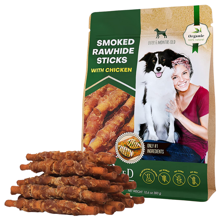 Dog Smoked Rawhide Sticks Wrapped Chicken & Pet Natural Chew Treats - Grain Free Organic Meat & Healthy Human Grade Dried Snacks in Bulk - Best Twists for Training Small & Large Dogs - Made for USA