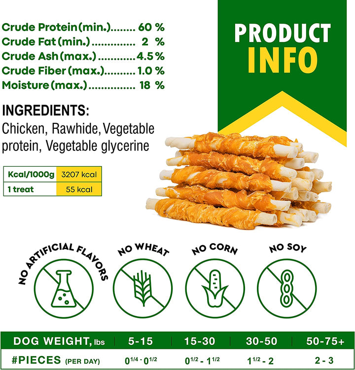 Dog Rawhide Sticks Wrapped with Chicken & Pet Natural Chew Treats - Grain Free Organic Meat & Human Grade Dried Snacks in Bulk - Best Twists for Training Small & Large Dogs - Made for USA (Chicken)