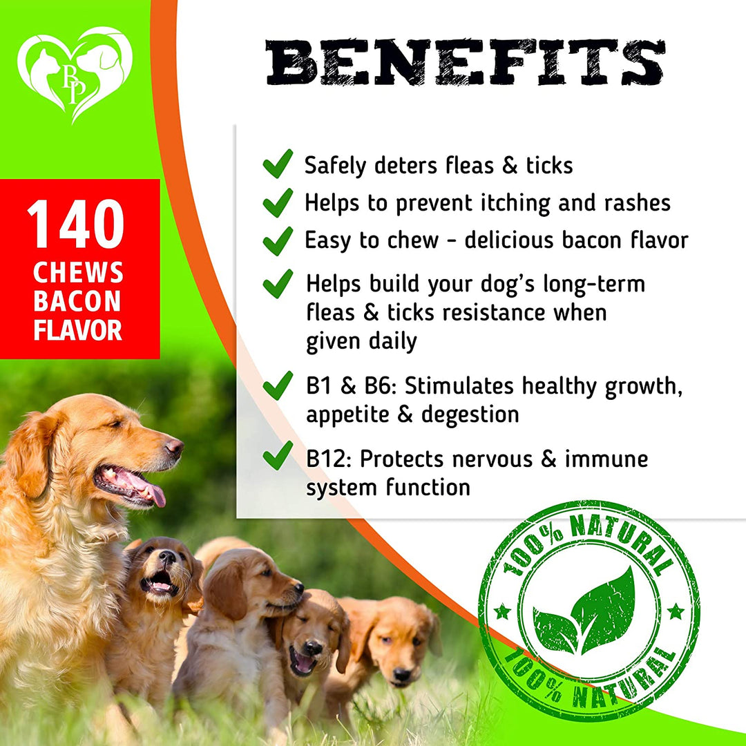 Beloved Pets Flea and Tick Control Treats for Dogs - Flea Prevention Soft Chews - Natural Tick Repellent Supplement - Made in USA - 140 Ct Bacon Flavor - Belovedpetsbrand
