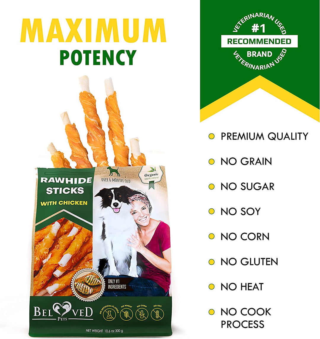 Dog Rawhide Sticks Wrapped with Chicken & Pet Natural Chew Treats - Grain Free Organic Meat & Human Grade Dried Snacks in Bulk - Best Twists for Training Small & Large Dogs - Made for USA (Chicken)