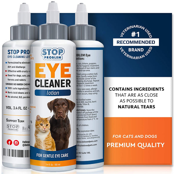 Beloved Pets Eye Cleaner for Dogs and Cats - Tear Stain & Dirt Crust Remover - Infection Control Drops - Gentle Eye Wash Lotion for Pets - Belovedpetsbrand