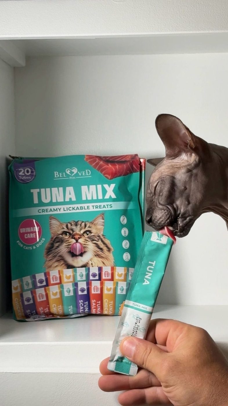 Cat enjoying Beloved Pets Tuna Mix